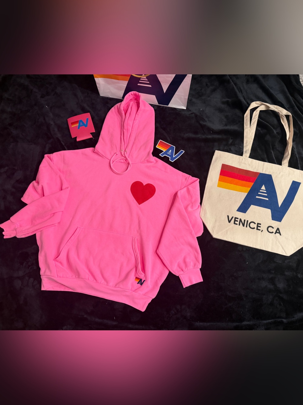 NWT Aviator Nation Heart Stitch Relaxed Hoodie  Neon Pink XS + Tote bag